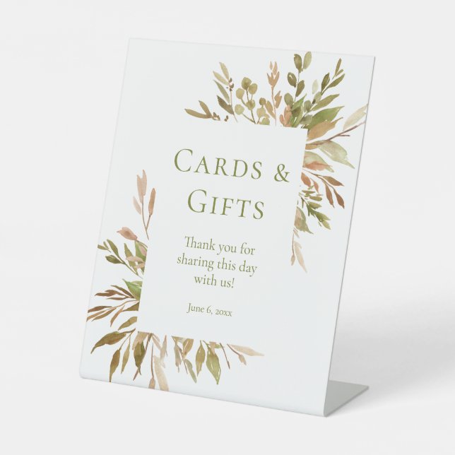 Watercolor Greenery Cards and Gifts Pedestal Sign (Front)