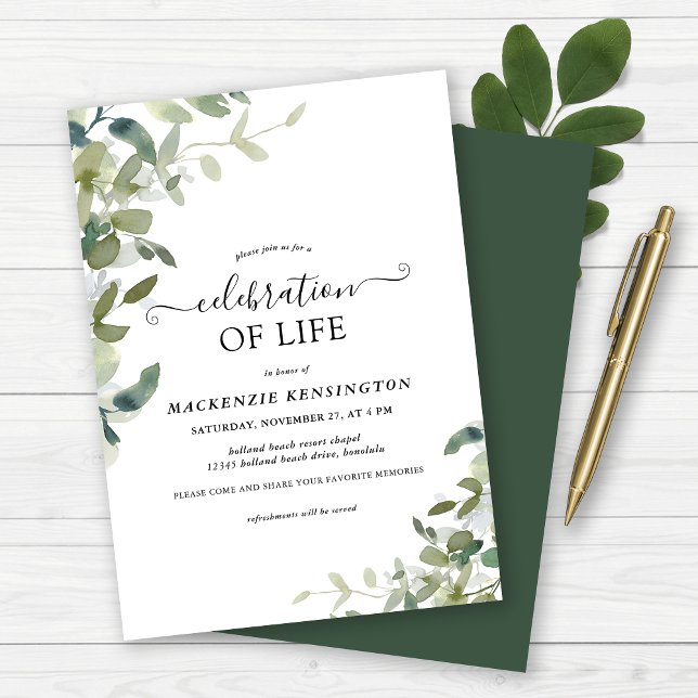 Watercolor Greenery Celebration of Life Memorial Invitation (Watercolor Greenery Celebration of Life Memorial Invitation)