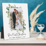 Watercolor Greenery Christmas Berries Photo Plaque<br><div class="desc">Modern Minimalist Elegance Calligraphy Ink Pen Handwritten Script Our First Christmas Newlywed Wedding Photo Plaque includes Elegant Watercolor Greenery,  Eucalyptus Leaves & Holly Berries.</div>