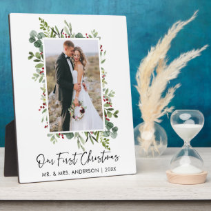 Watercolor Greenery Christmas Berries Photo Plaque