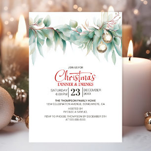 Watercolor Greenery Christmas Dinner and Drinks Invitation