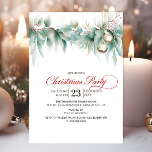 Watercolor Greenery Christmas Party Invitation