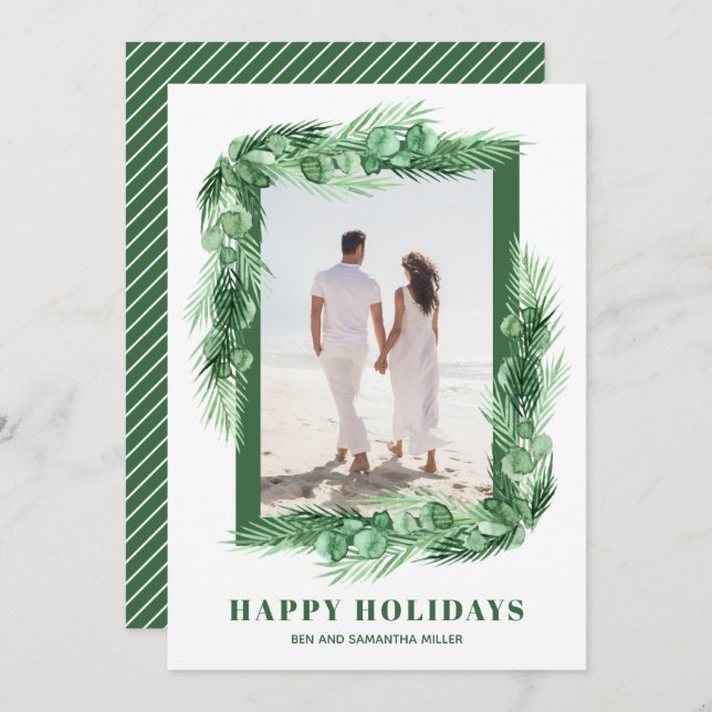 Watercolor Greenery Christmas Photo Holiday Card (Front/Back)