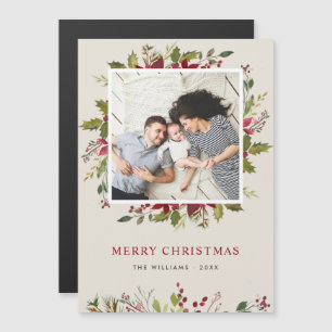 Watercolor Greenery Christmas Photo Magnetic Card