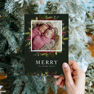 Watercolor Greenery Christmas Photo Magnetic Card