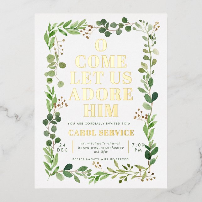 Watercolor Greenery Church Christmas Carol Service Foil Holiday Postcard (Front)