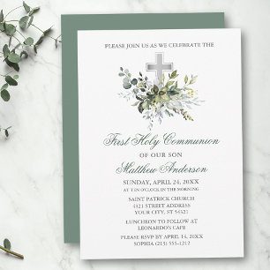 Watercolor Greenery Communion Sage Green Silver Invitation