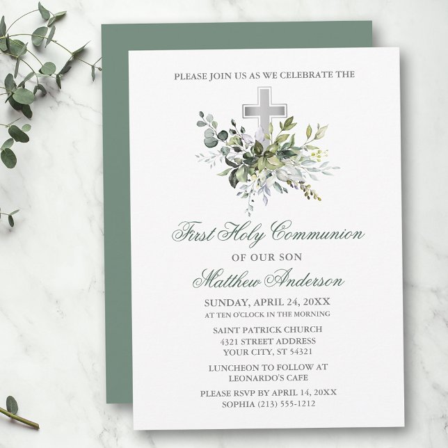 Watercolor Greenery Communion Sage Green Silver Invitation (Customize to change text color, size, style or to change color of back of card.)