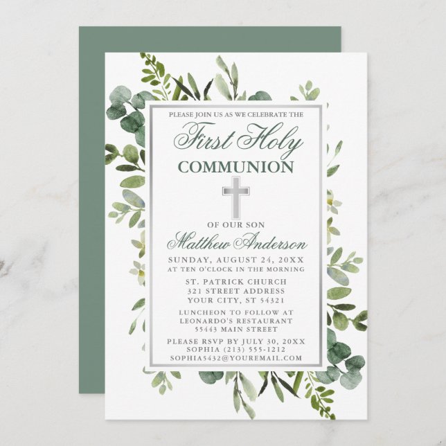 Watercolor Greenery Communion Silver Sage Green Invitation (Front/Back)