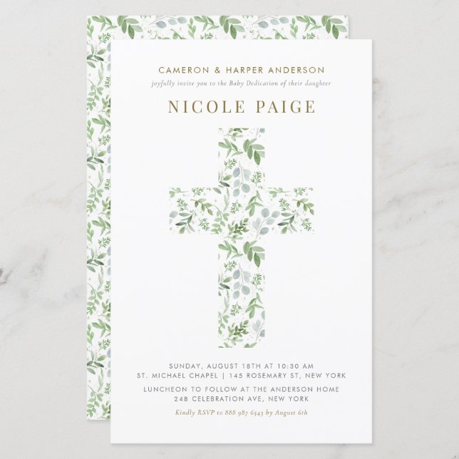 Watercolor Greenery Cross Baby Dedication Invite (Front/Back)