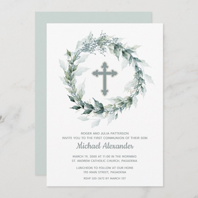 Watercolor Greenery Cross First Communion Invitation (Front/Back)