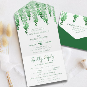 Watercolor Greenery Dark Emerald Floral Wedding All In One Invitation