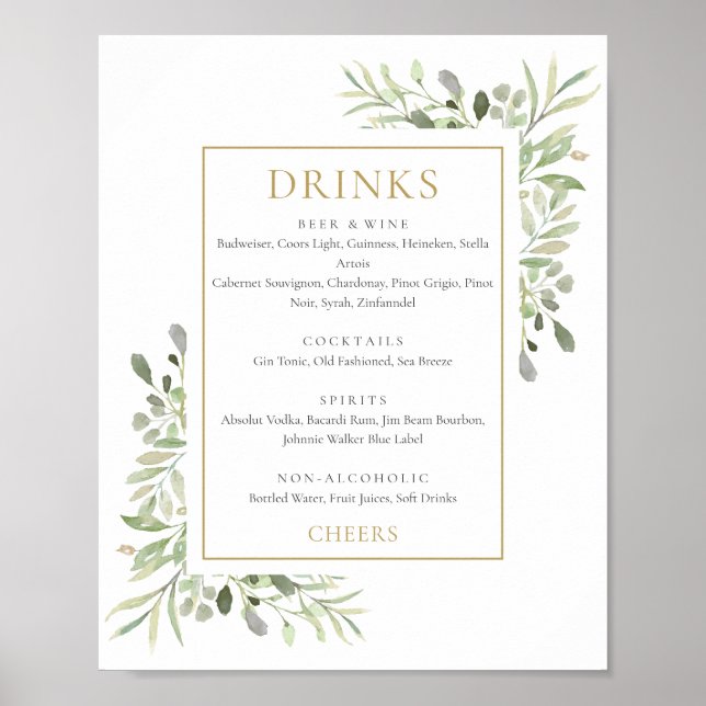 Watercolor Greenery Drinks Menu Sign (Front)