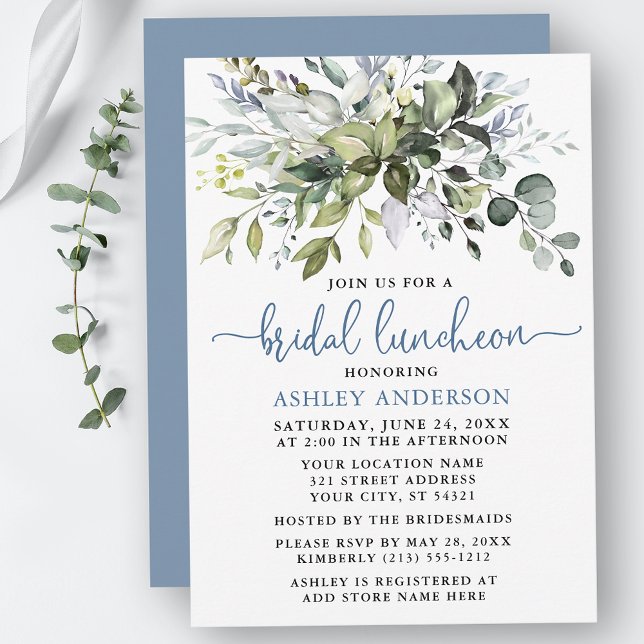 Watercolor Greenery Dusty Blue Bridal Luncheon Invitation (Customize to change your personalized text color, text style or color of back of card.)