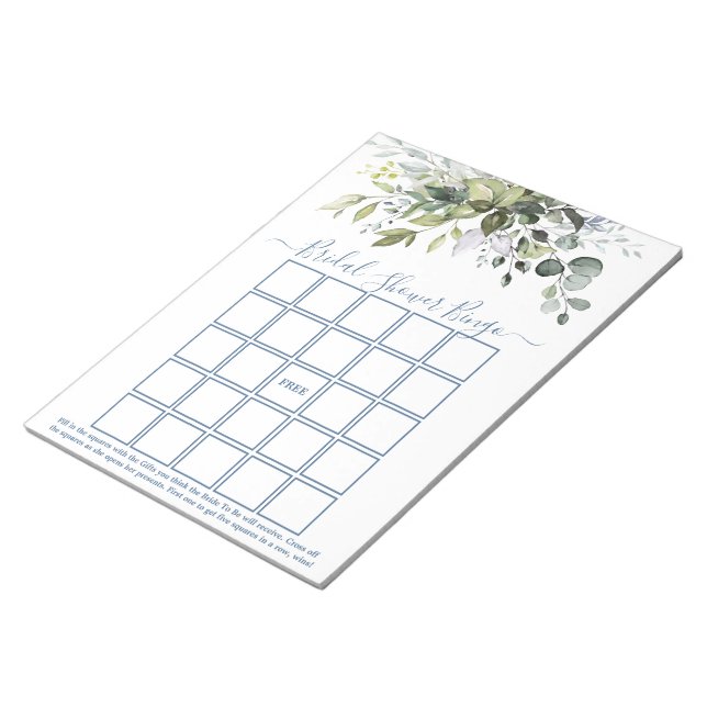 Watercolor Greenery Dusty Blue Bridal Shower Bingo Notepad (Angled)