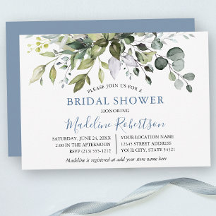 Watercolor Greenery Dusty Blue Bridal Shower Invitation