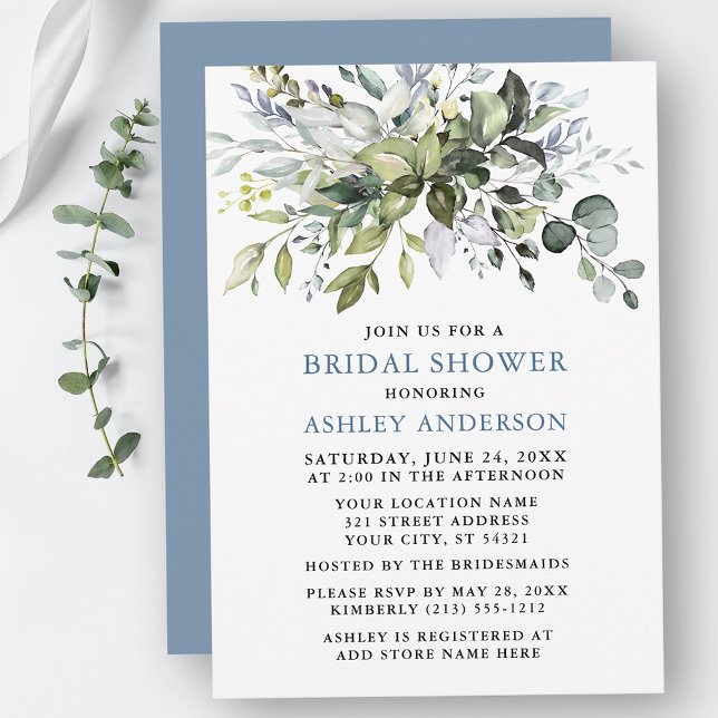 Watercolor Greenery Dusty Blue Bridal Shower Invitation (Customize to change text color, text style or color of back of card.)