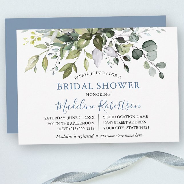 Watercolor Greenery Dusty Blue Bridal Shower Invitation (Customize to change text color, text style or color of back of card.)