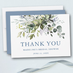 Watercolor Greenery Dusty Blue Bridal Shower  Thank You Card