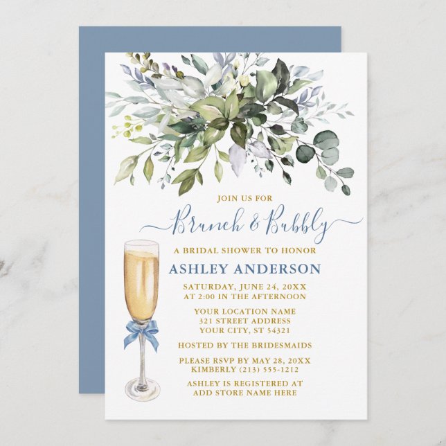 Watercolor Greenery Dusty Blue Brunch Bubbly Invitation (Front/Back)