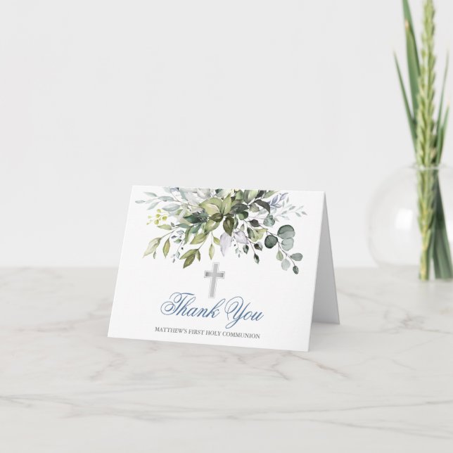 Watercolor Greenery Dusty Blue Communion Note Thank You Card (Front)