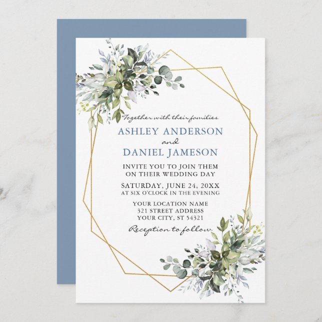 Watercolor Greenery Dusty Blue Geo Frame Wedding Invitation (Front/Back)