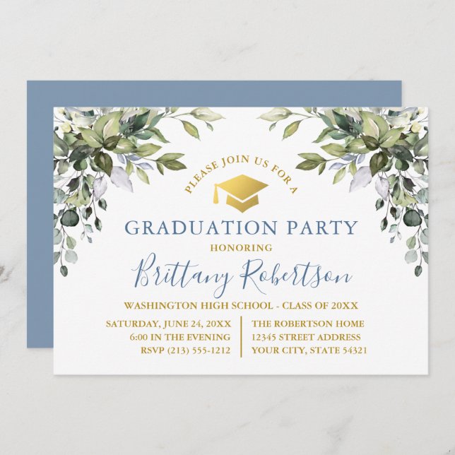 Watercolor Greenery Dusty Blue Gold Grad Party Invitation (Front/Back)