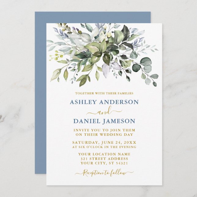 Watercolor Greenery Dusty Blue Gold Wedding Invitation (Front/Back)