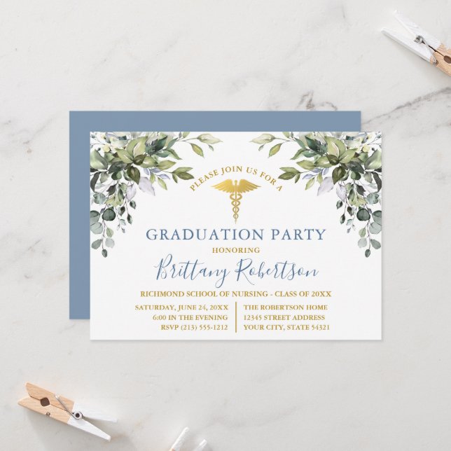 Watercolor Greenery Dusty Blue Medical Grad Party Invitation (Front/Back In Situ)