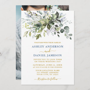 Watercolor Greenery Dusty Blue Photo Gold Wedding Invitation
