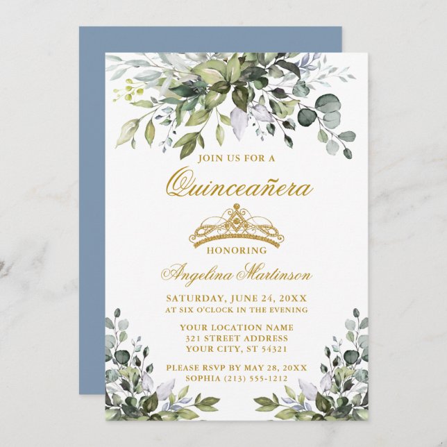 Watercolor Greenery Dusty Blue Quinceañera Gold Invitation (Front/Back)