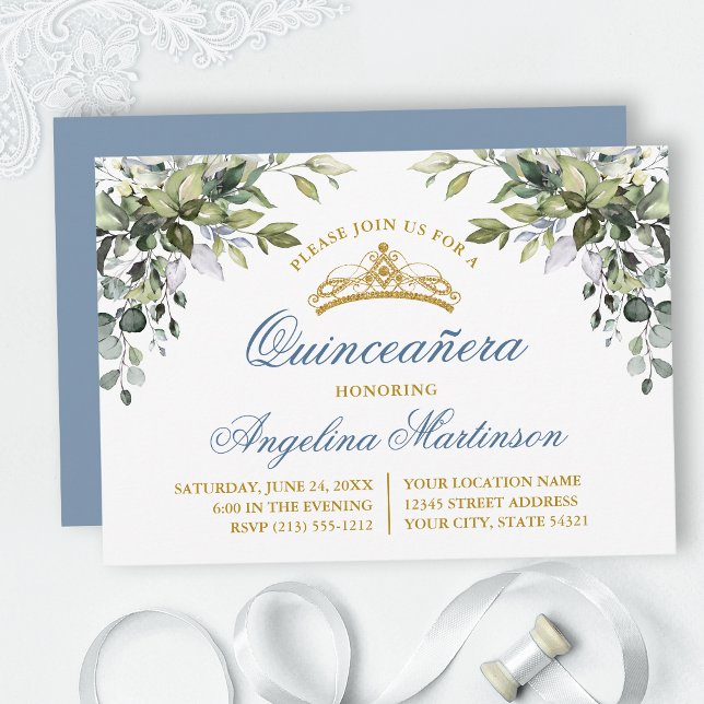 Watercolor Greenery Dusty Blue Quinceanera Party Invitation (Customize to change text color, style, add text & photos to back or change color of back of card.)