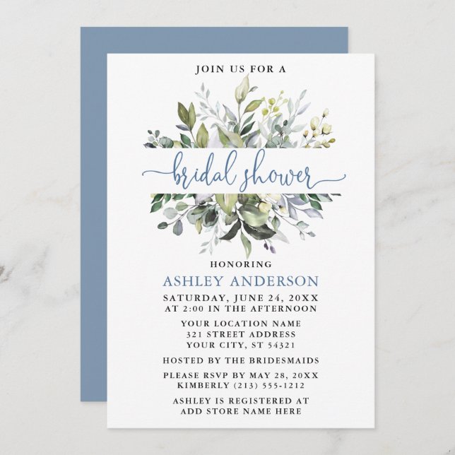 Watercolor Greenery Dusty Blue Script Shower Invitation (Front/Back)