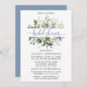 Watercolor Greenery Dusty Blue Script Shower Invitation
