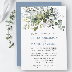 Watercolor Greenery Dusty Blue Wedding Invitation