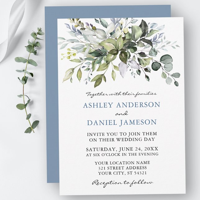 Watercolor Greenery Dusty Blue Wedding Invitation (Customize to change text color, style, add text & photos to back or change color of back of card.)