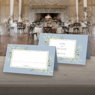 Watercolor Greenery Dusty Blue Wedding Place Card