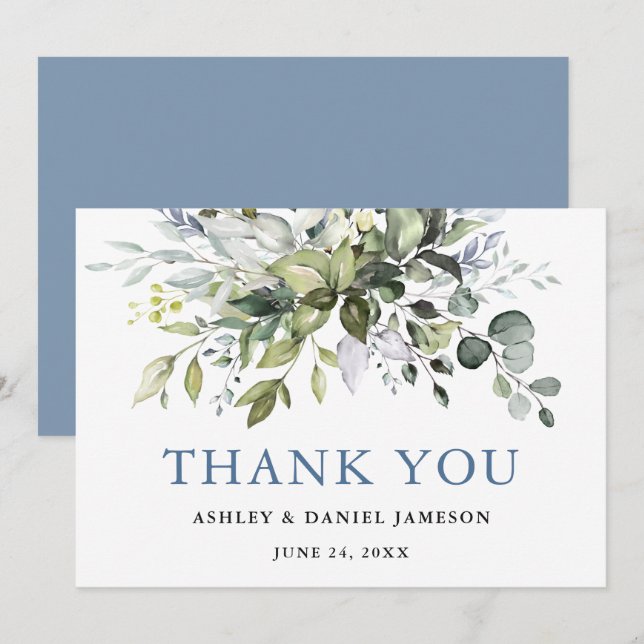 Watercolor Greenery Dusty Blue Wedding Thank You Card (Front/Back)