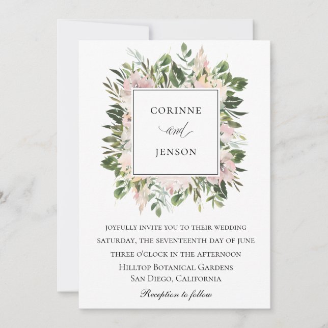 Watercolor Greenery Dusty Floral Wedding Invitation (Front)