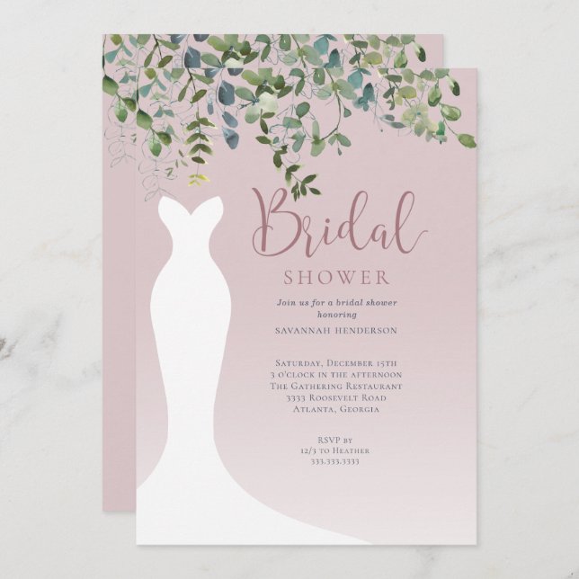 Watercolor Greenery Dusty Pink Bridal Shower Invitation (Front/Back)