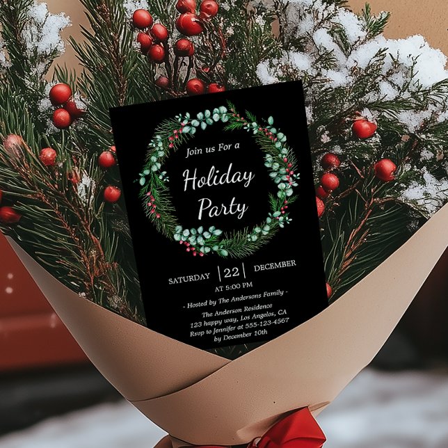 Watercolor Greenery Elegant Black Christmas Party  Invitation (Creator Uploaded)