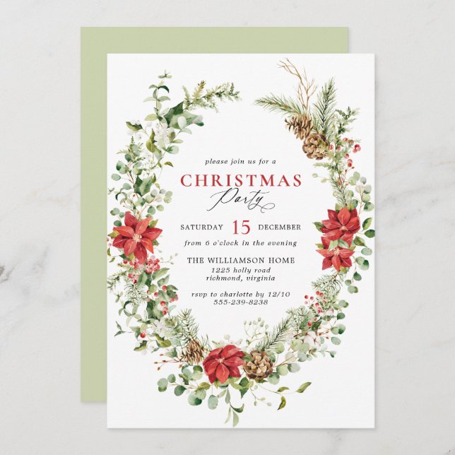 Watercolor Greenery Elegant Floral Christmas Party Invitation (Front/Back)