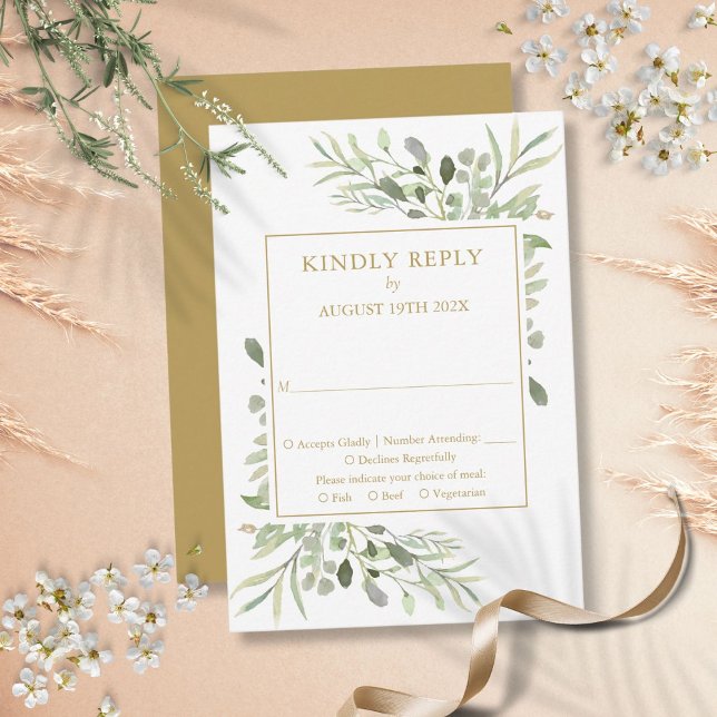 Watercolor Greenery Elegant Gold Wedding RSVP Card (Watercolor Greenery Elegant Gold Wedding RSVP Card)