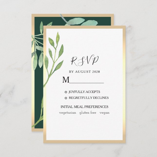 Watercolor Greenery Emerald Green Wedding RSVP Card (Front/Back)