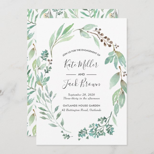 Watercolor Greenery Engagement Party invitation (Front/Back)