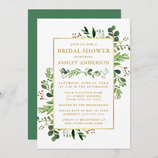 Watercolor Greenery Eucalyptus Bridal Shower Gold Invitation (Front/Back)