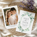 Watercolor Greenery Eucalyptus Elegant Photo Save The Date<br><div class="desc">Watercolor Greenery Eucalyptus Elegant Photo Save the Date. Easily personalize by replacing each info. Please upload a vertical/portrait photo. Make sure to check the preview before adding to cart. (Sample Photo by Jonathan Borba from Pexels)</div>