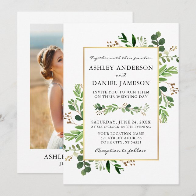 Watercolor Greenery Eucalyptus Gold Photo Wedding Invitation (Front/Back)