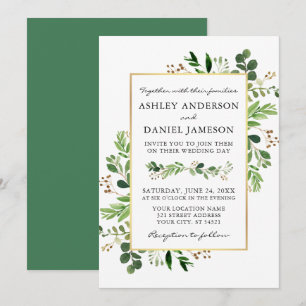 Watercolor Greenery Eucalyptus Gold Wedding Invitation