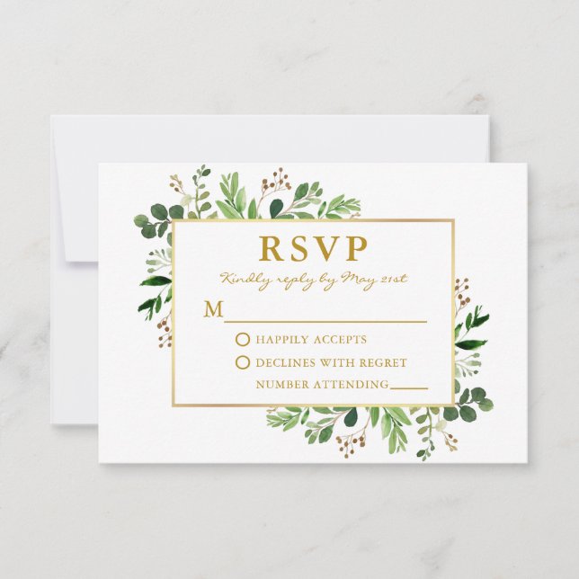 Watercolor Greenery Eucalyptus Gold Wedding RSVP Card (Front)